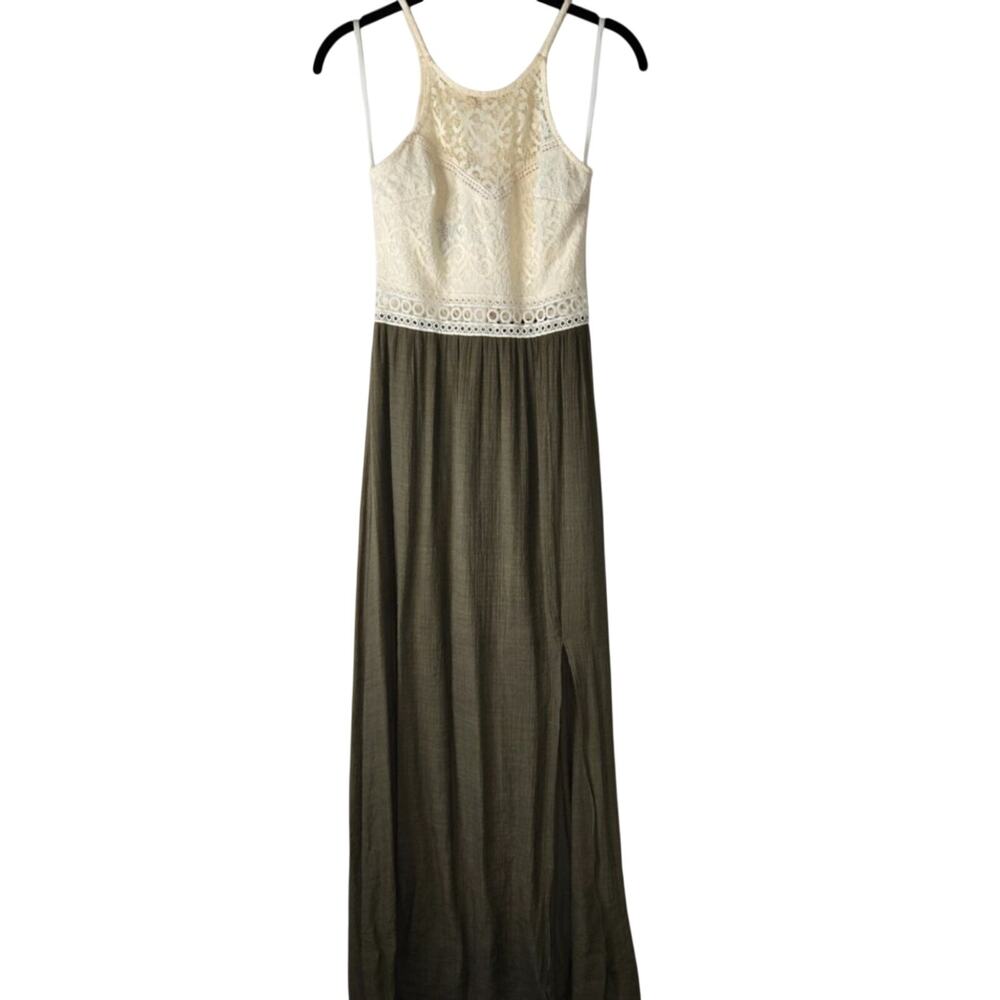 Iz Byer Boho Maxi Dress Featuring Cream Lace Halter Olive Green Skirt Size XS
